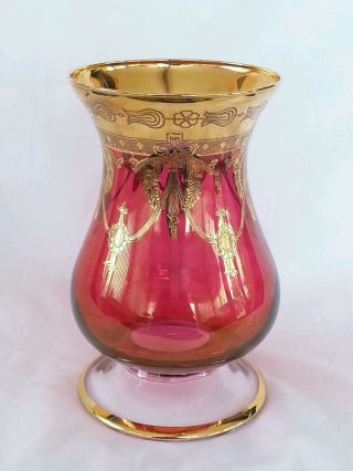 Vintage Venetian hand blown gilded cranberry glass vase 8.  75 inches 5