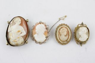 4 X Vintage & Antique Carved Shell Cameo Jewellery Inc.  Brooches,  Rolled Gold