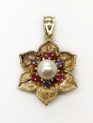 Vintage 14k Solid Yellow Gold Sapphire,  Ruby & Pearl Lotus Flower Pendant 5 Gr