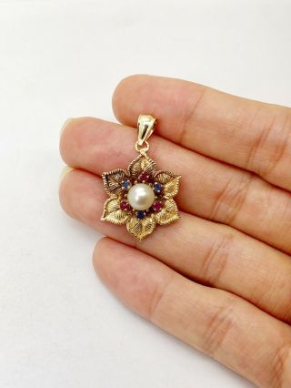 Vintage 14K Solid Yellow Gold Sapphire,  Ruby & Pearl Lotus Flower Pendant 5 Gr 2