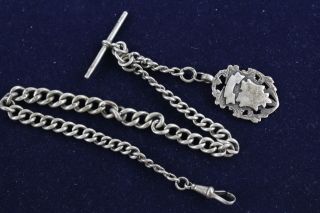 Vintage.  925 Sterling Silver Graduated Albert Watch Chain W/ Fob,  38cm (53g)