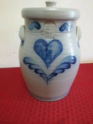 Vintage Rowe Pottery Cambridge,  Wi Blue Heart And Lid Handmade