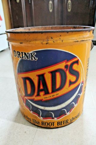 VINTAGE 1950 ' s DAD ' S ROOT BEER 5 GALLON ADVERTISING BUCKET TIN SIGN CAN 3
