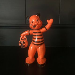 Vintage Rosbro Orange And Black Plastic Halloween Cat Candy Container