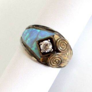 Vintage S Ray Signed Navajo Gold Filled Sterling Silver Opal Cz Ring Sz 9