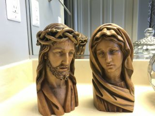 Vintage Jesus And Virgin Mary Wood Carving Bust Sculptures Made Of Olive Wood