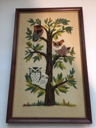 Vintage Crewel Embroidery Owls In A Tree Erica Wilson 1971 Finished Framed