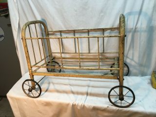 Antique Victorian Metal Doll Crib With Buggy Wheels,  Pet Bed Collectible Dolls