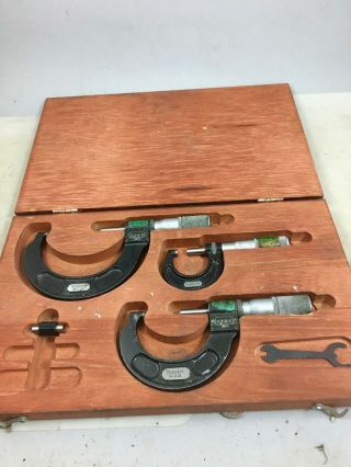 Vintage Starrett 3 Piece Micrometer Set,  0 - 1,  1 - 2,  2 - 3 ",  Wooden Case,