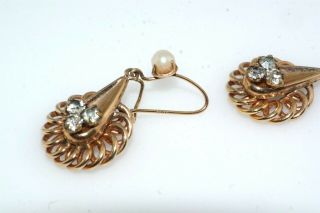 Vintage 10k Yellow Gold Cultured Pearl Crystal Drop Earrings 4