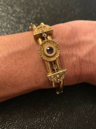 Victorian Etruscan Gold Filled Hinged Bangle W/ Wire Work & Terminal Amethyst