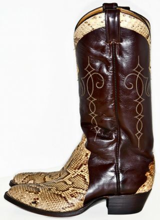 Vintage JUSTIN Brown Leather & Snakeskin Snake Western Cowboy Boots 9.  5 D 9.  5D 2