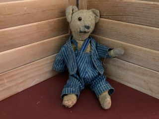 Vintage Straw Stuffed Teddy Bear - - Blue Denim Coat & Bibs - Jointed