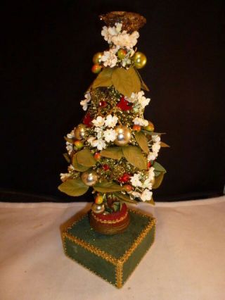 Vintage Christmas Bottle Brush Tree Glass Ornaments Glitter Wood Base Music Box