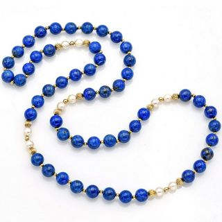 Vintage 14k Yellow Gold Lapis & Sea Pearl Beaded Strand Necklace 94.  0 Grams