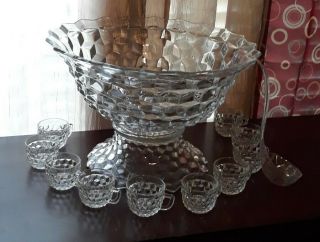 Vintage American Fostoria Large Punch Bowl With Base &10 Cups And Ladle