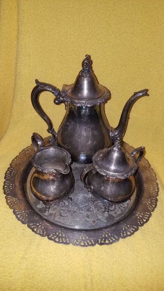 Wm Rogers & Son Silver Plate Tea Set,  Teapot,  Creamer,  Sugar Bowl W/ Lid,  Tray