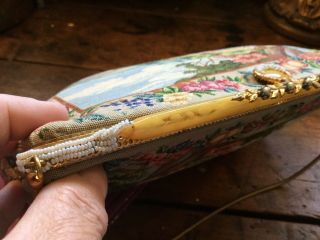 Antique petit point tapestry purse bag Lovers Floral faux Pearls celluloid top 8