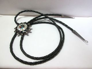 Uni Sun Face Inlaid Gemstone Vintage Sterling And Leather Bolo Tie Southwest 39 "