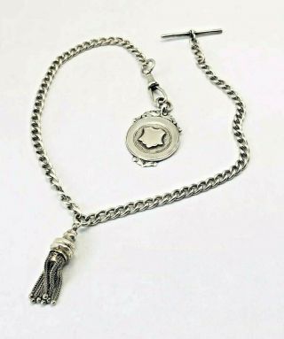 Antique Late Victorian Solid Silver Watch Chain And Silver Fob With Tbar Tassel