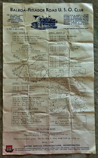1945 Military Uso Club Activity Hand - Out Schedule Balboa - Amador Rd.  Canal Zone