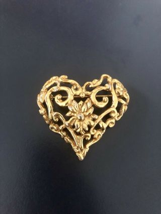Christian Lacroix Vintage Brooch Gold Tone Heart Shaped Floral Large