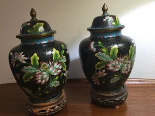 Pair Vintage Chinese Cloisonné Lidded Vases.  Quality Floral Design.  Wood Bases.