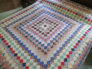 OUTSTANDING Vintage Feed Sack Hand Pieced TRIP AROUND THE WORLD Quilt TOP; Full 2