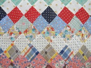 OUTSTANDING Vintage Feed Sack Hand Pieced TRIP AROUND THE WORLD Quilt TOP; Full 8