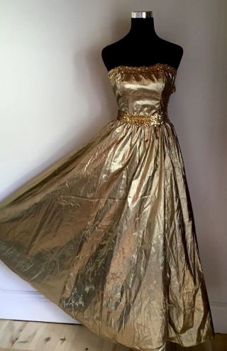 Vtg Gunne Sax 80s Gold Metallic Strapless Formal Prom Party Dress Gown Size 7 Sm