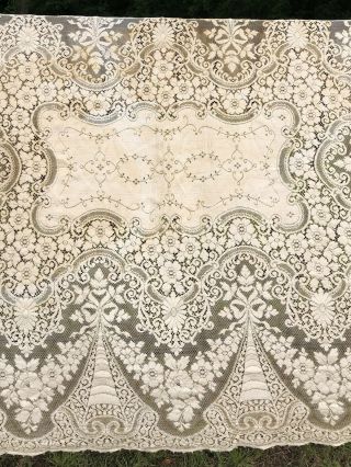 Wow Antique Quaker Lace Tablecloth Cover Vintage Ecru Cream Rectangle Flowers