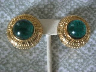 Christian Dior Signed Vintage Clip On Earrings Gold With Emerald Green Cabochon