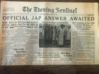 Aug 13 1945 - Newspaper " Japan Near Surrender " The Evening Sentinel Carlisle Pa