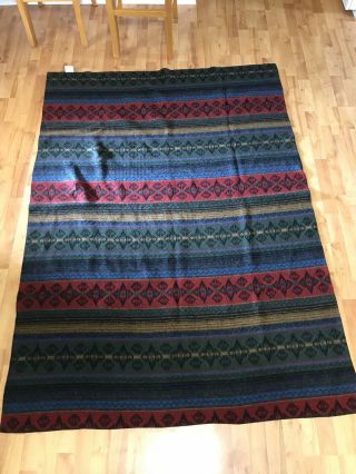 Vintage Woolrich 100 Wool Throw Blanket Forest Green Tan Red Blue Striped Aztec