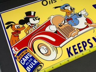 Huge Vintage Sunoco Oil Mickey Mouse Donald Duck & Pluto 24 " Metal Gasoline Sign