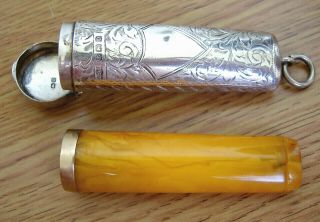 Vintage Deco 30s Butterscotch Amber Cheroot Holder In Silver Case,  Chased Decor