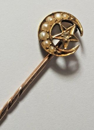 Antique Stick Pin - 15ct Gold Star Crescent Moon Seed Pearl Diamond 5cm