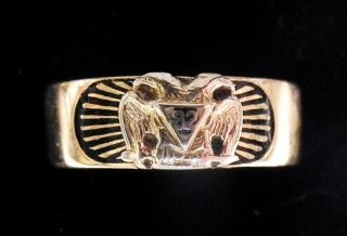 Vintag 14K Gold Enamel 32 Degree MASON Band RING Masonic Dbl Eagle SZ 10.  25 6