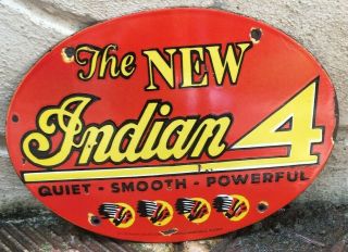 Vintage " Indian 4 Motorcycle " Porcelain Quiet - Smooth - Power Enamel Sign 16.  5 " X11 "