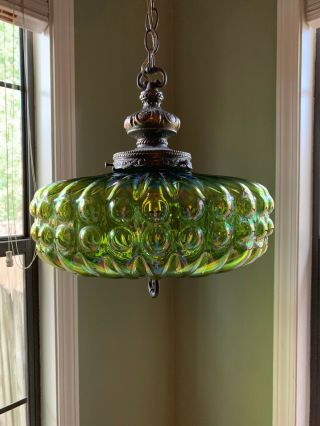 Vintage Mid - Century Hollywood Regency Iridescent Glass Swag Lamp Light UFO 4