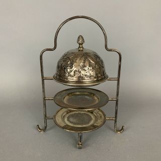Rare Antique Repousse Silverplate 3 Tier Tea Cake Plate Stand With Dome