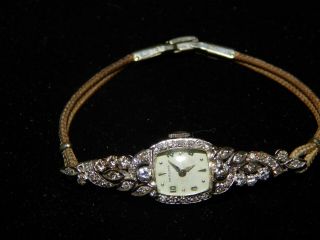 Vintage Hamilton Diamond & 14k White Gold Ladies Watch 757 22 Jewels Usa.