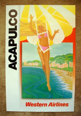 Vintage 1970s Western Airline - Acapulco Travel Poster Art Mexico