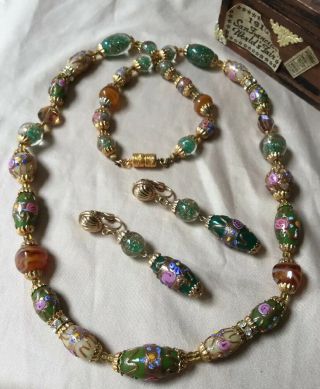 Vintage Venetian Murano Millefiori Art Glass Bead Necklace Set Earring Antique