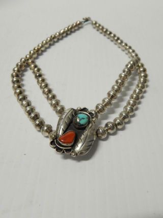 Vintage Navajo Indian Turquoise Coral Sterling Silver Necklace - - Hand Made Beads