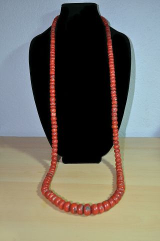 Vintage Deep Red Coral Necklace From India 42 Inches Long,  From Before 1979