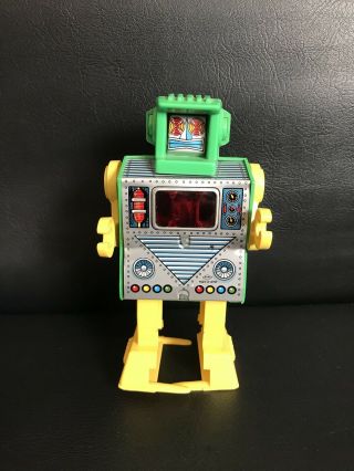 Vintage Hiro Japan Tin & Plastic Wind - Up Sparking Space Robot Toy -