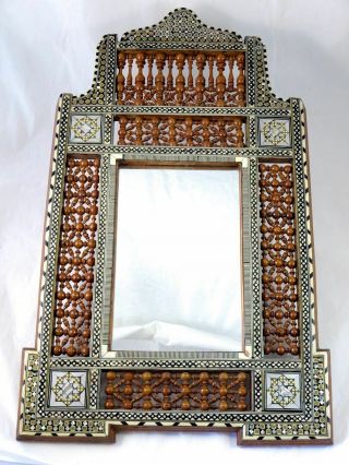 Vtg Syrian Egyptian Mother Of Pearl Inlay Arabesque Carved Wood Wall Mirror 27 "