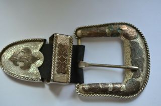 Vtg.  Sterling Silver Cowboy Ranger Belt Buckle 3 Piece Set