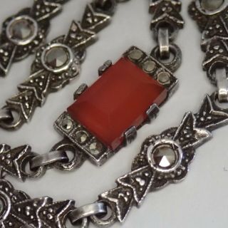 Antique Art Deco Sterling Silver Marcasite Carnelian Necklace